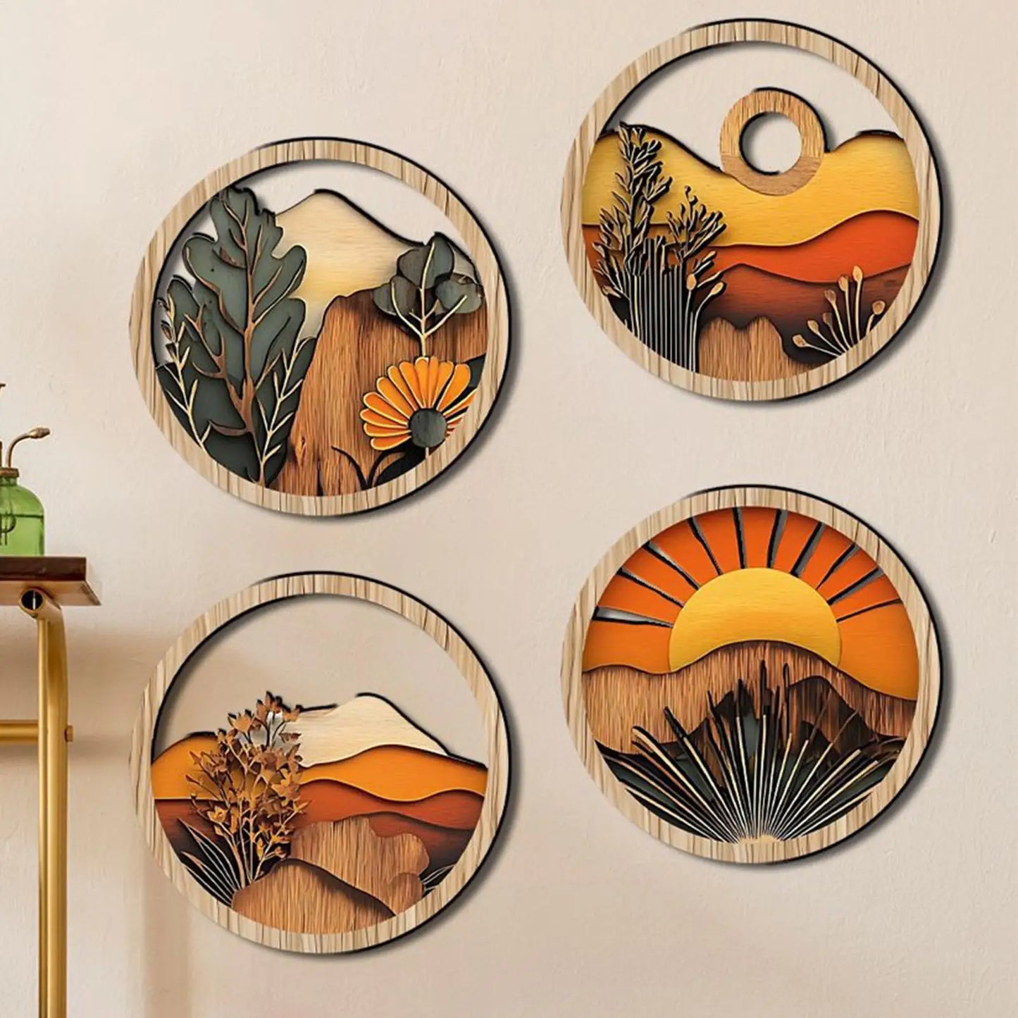 4Pcs Bohemian Wooden Wall Art Set - Energy-Efficient Hollowed-Out Pastoral Theme Hanging