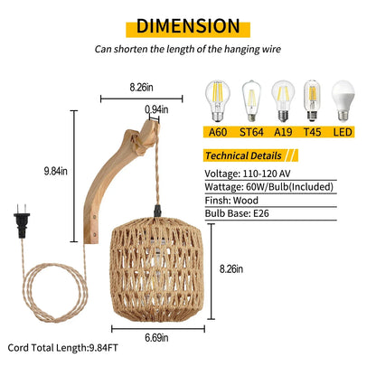 Add a touch of natural élégance to your space with this handcrafted rattan wall lamp. Featuring a woven design and rustic hemp rope accents, it creates a warm, cozy ambiance perfect for bedrooms, living rooms, and bedside l