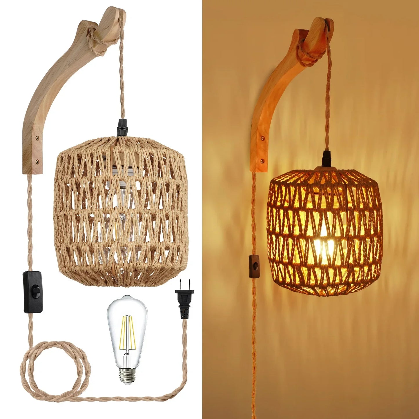 Add a touch of natural élégance to your space with this handcrafted rattan wall lamp. Featuring a woven design and rustic hemp rope accents, it creates a warm, cozy ambiance perfect for bedrooms, living rooms, and bedside l
