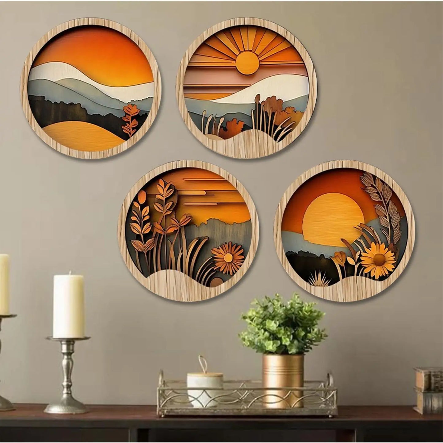 4Pcs Bohemian Wooden Wall Art Set - Energy-Efficient Hollowed-Out Pastoral Theme Hanging