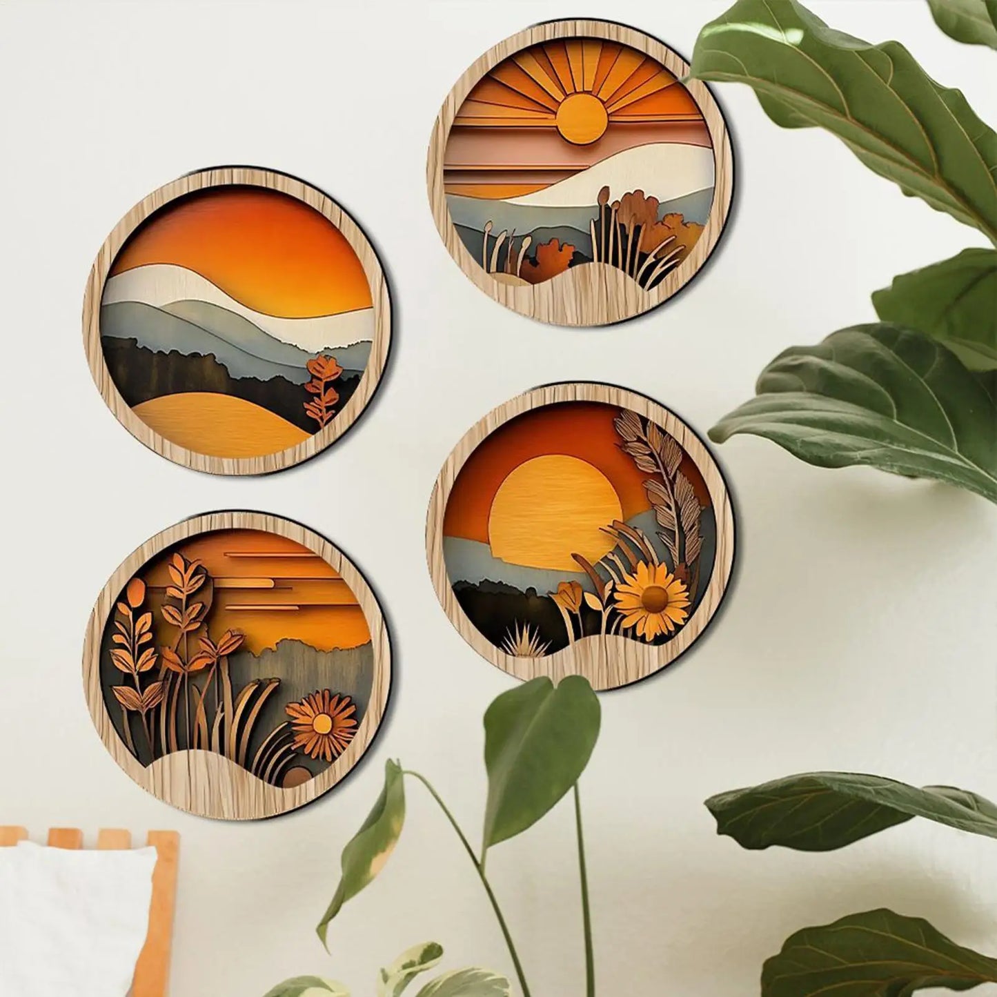 4Pcs Bohemian Wooden Wall Art Set - Energy-Efficient Hollowed-Out Pastoral Theme Hanging