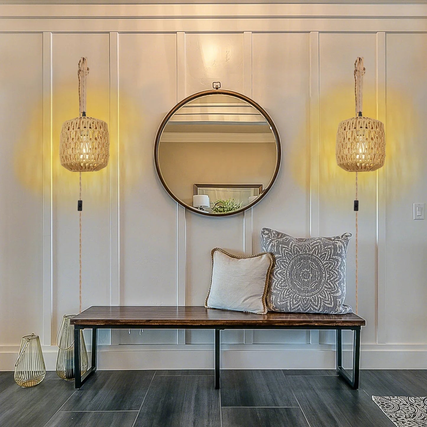 Add a touch of natural élégance to your space with this handcrafted rattan wall lamp. Featuring a woven design and rustic hemp rope accents, it creates a warm, cozy ambiance perfect for bedrooms, living rooms, and bedside l