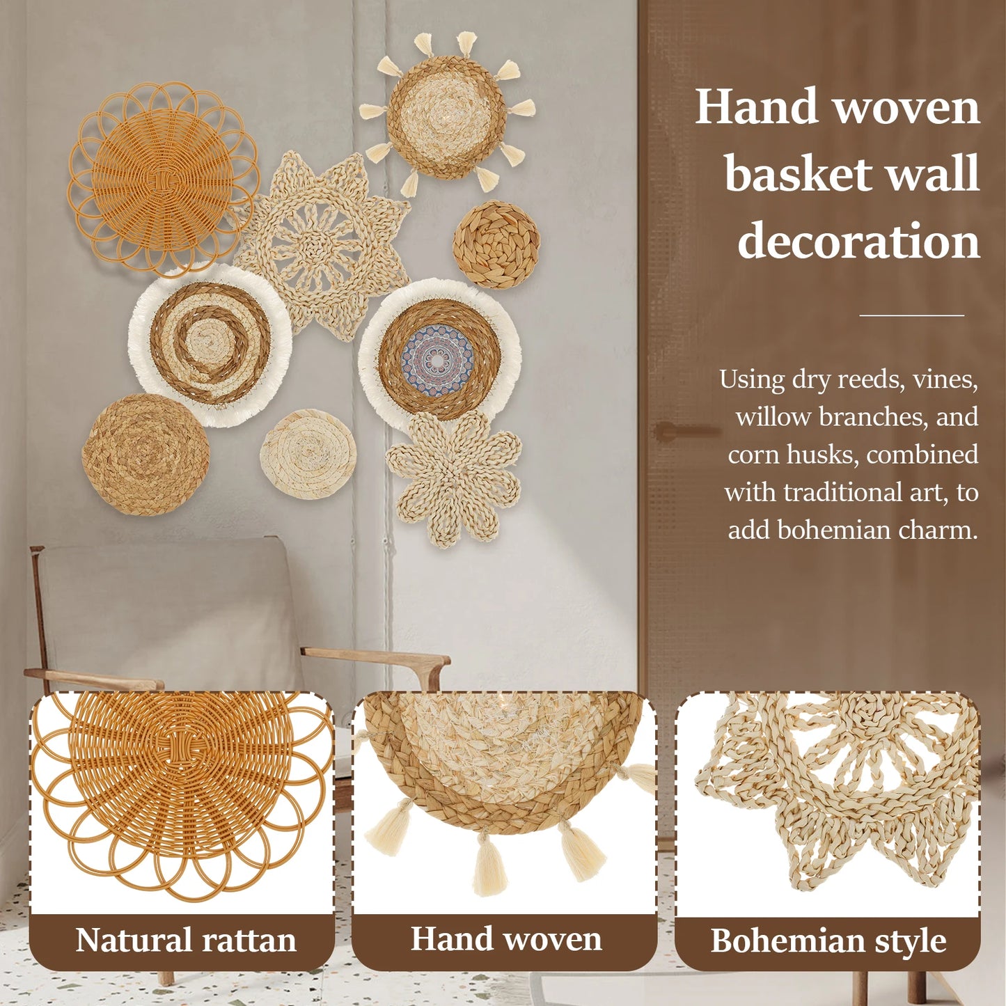 9Pcs Bohemia Wall Hanging Decor  Home Decoration Handmade Natural Wall Art for Bedroom