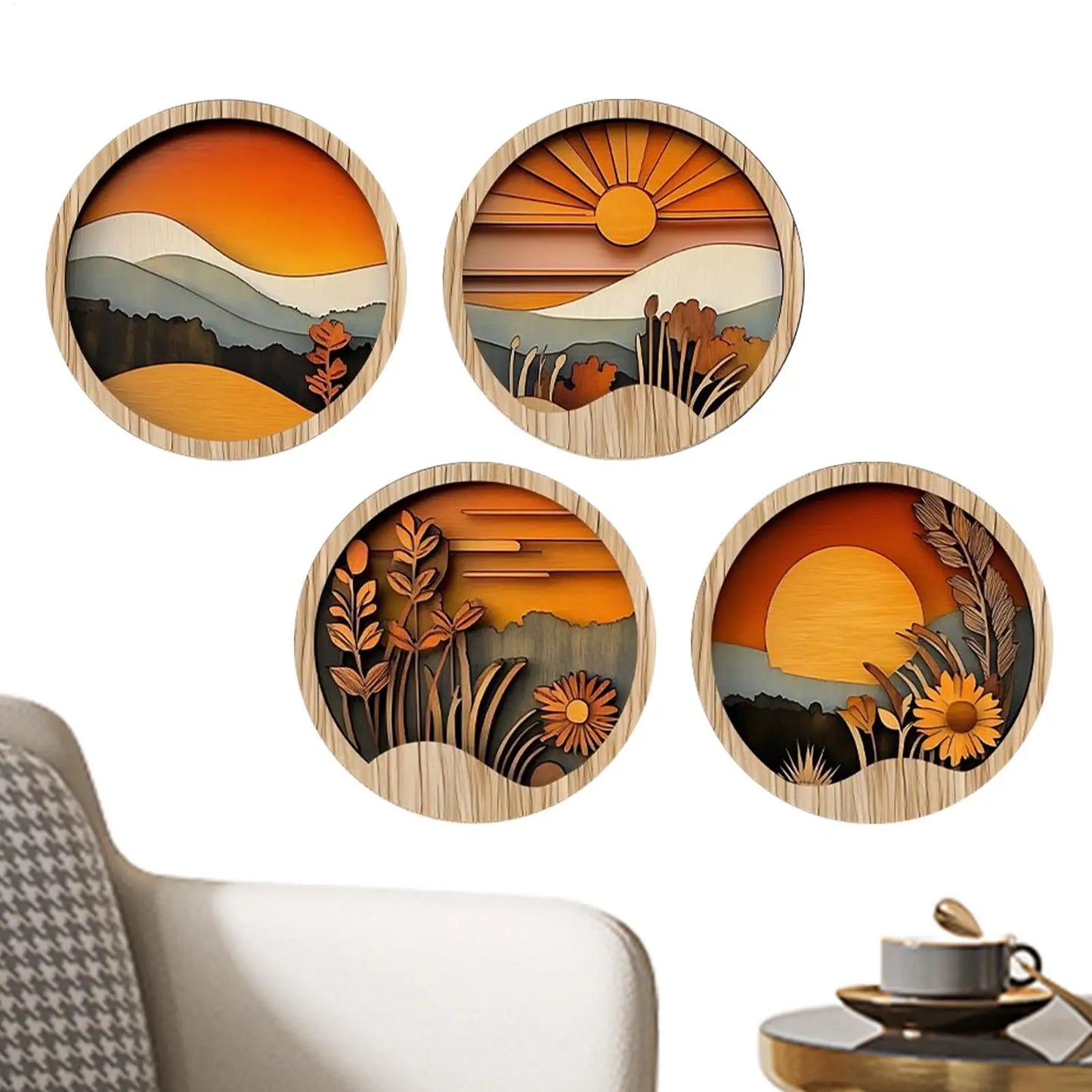 4Pcs Bohemian Wooden Wall Art Set - Energy-Efficient Hollowed-Out Pastoral Theme Hanging
