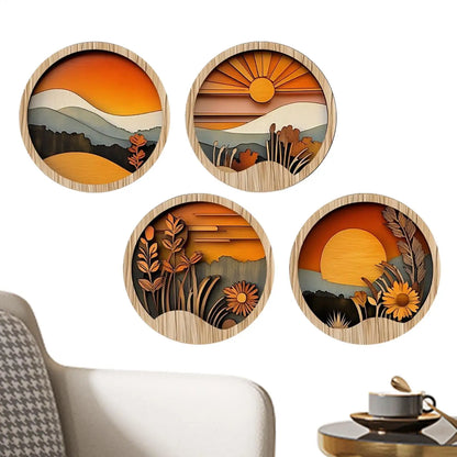 4Pcs Bohemian Wooden Wall Art Set - Energy-Efficient Hollowed-Out Pastoral Theme Hanging